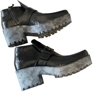 Miu Miu Black Crinkle Patent Platform Ankle Boots 38 Bosnia Made Chunky Heel Y2K